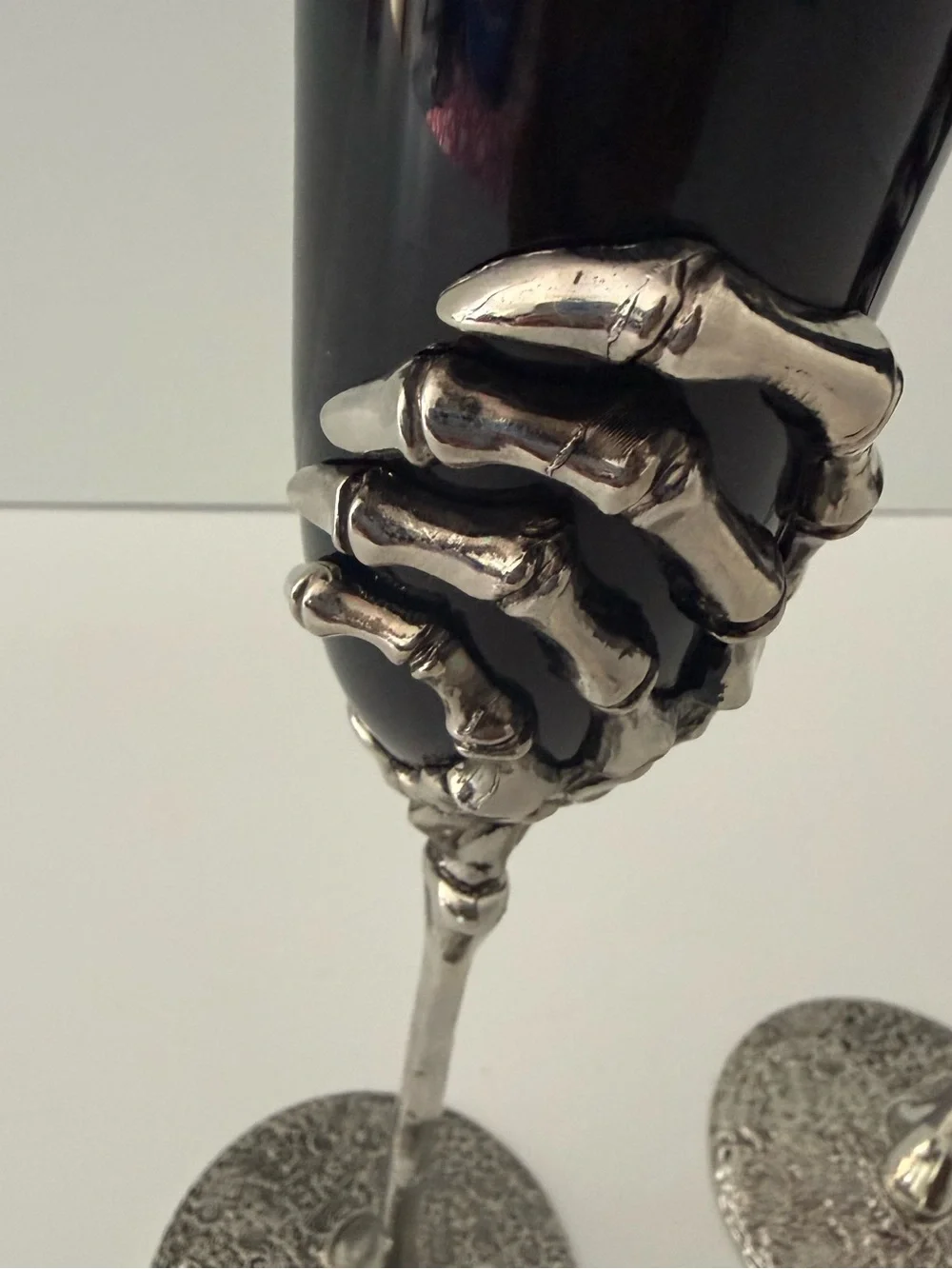 ⁠Gothic Black Glass Skeleton Hand Champagne Flutes Pair - Halloween Wedding Deco